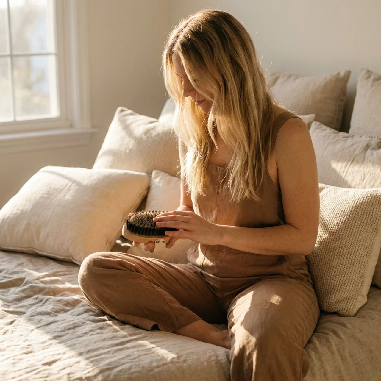 Woman using the Heightened Copper Dry Brush in her morning ritual